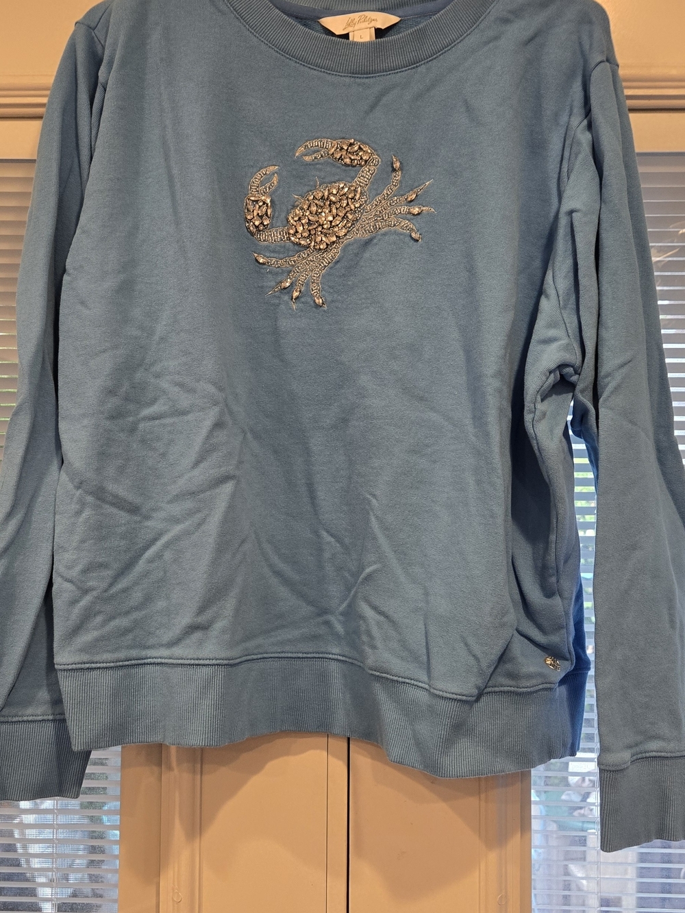 Lilly Pulitzer Light Blue Crewneck Sweatshirt with Crab Rhinestone